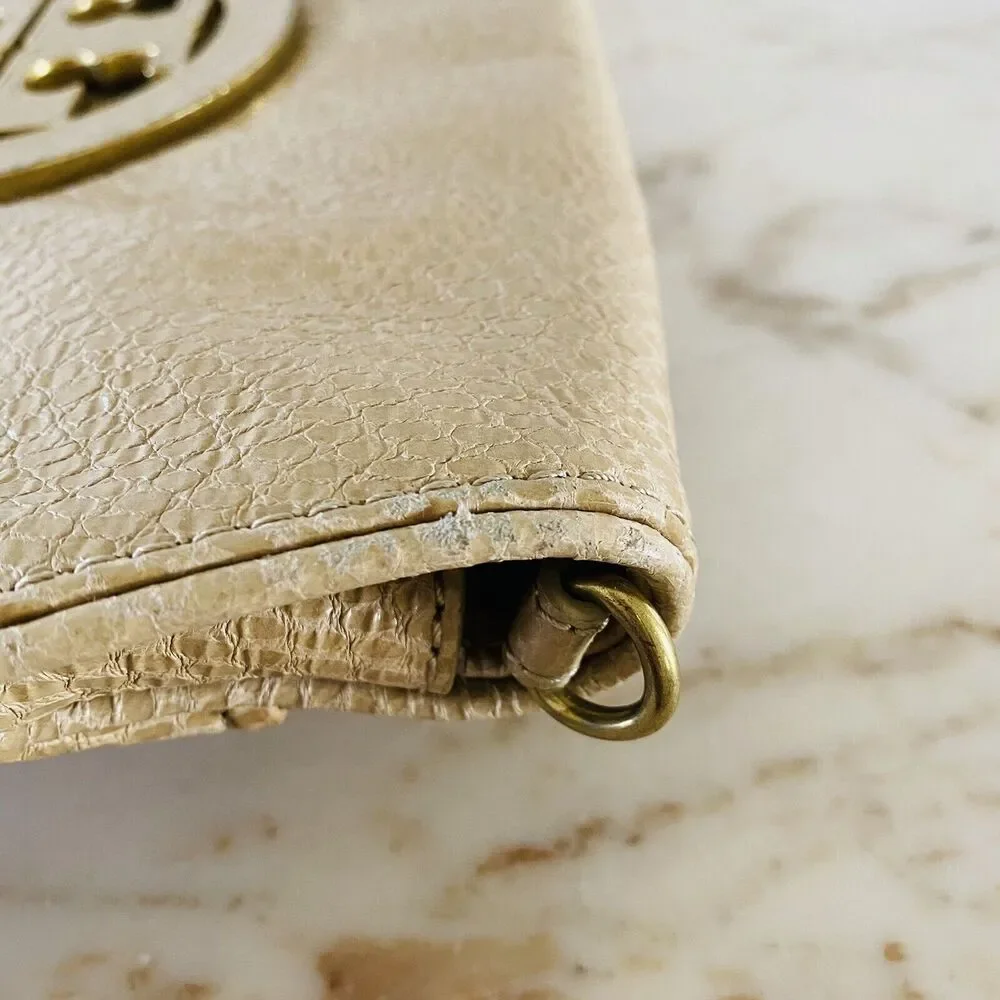 TORY BURCH Solid Tan Leather Clutch Bag Purse Large Logo
